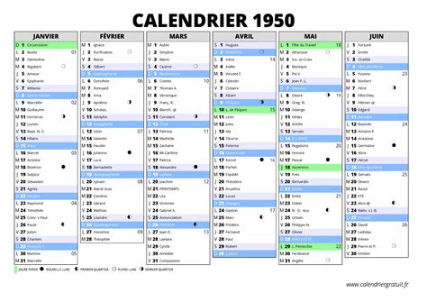 calendrier 1950 avec les jours